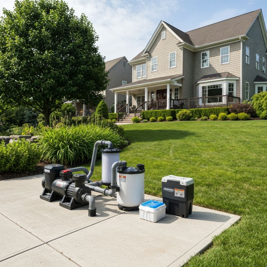 Residential pool equipment pad with pump, filter, and salt chlorinator