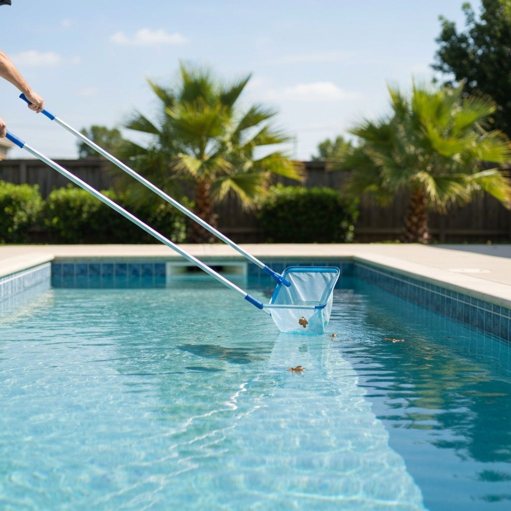 Pool skimmer net cleaning a clean residential pool